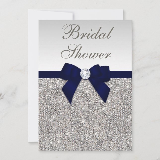 Imitate Silver Sequins Navy Bow Brautparty Einladung (Vorderseite)