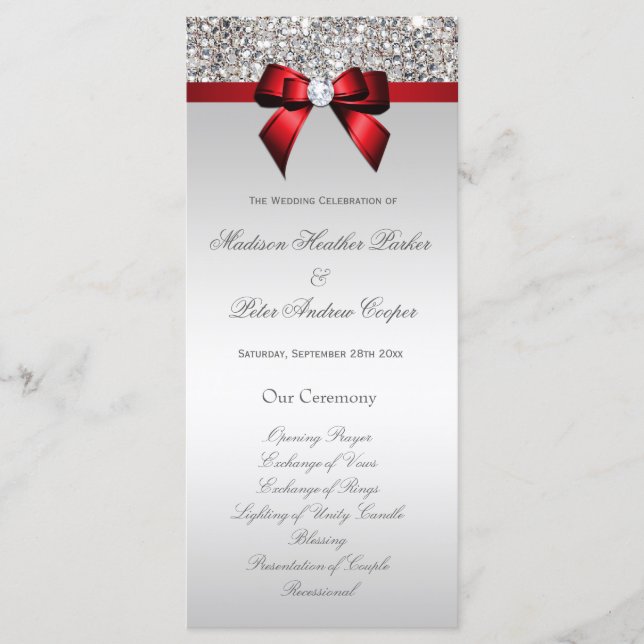 Imitate Silver Sequins Red Bow Wedding Program Programm (Vorderseite)