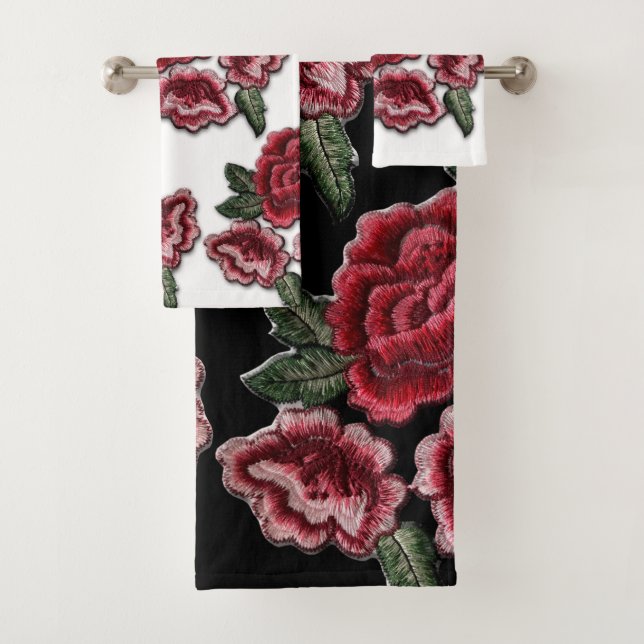 Imitate Stickereien Rote Rosen Muster Rose Blumenm Badhandtuch Set (Insitu)