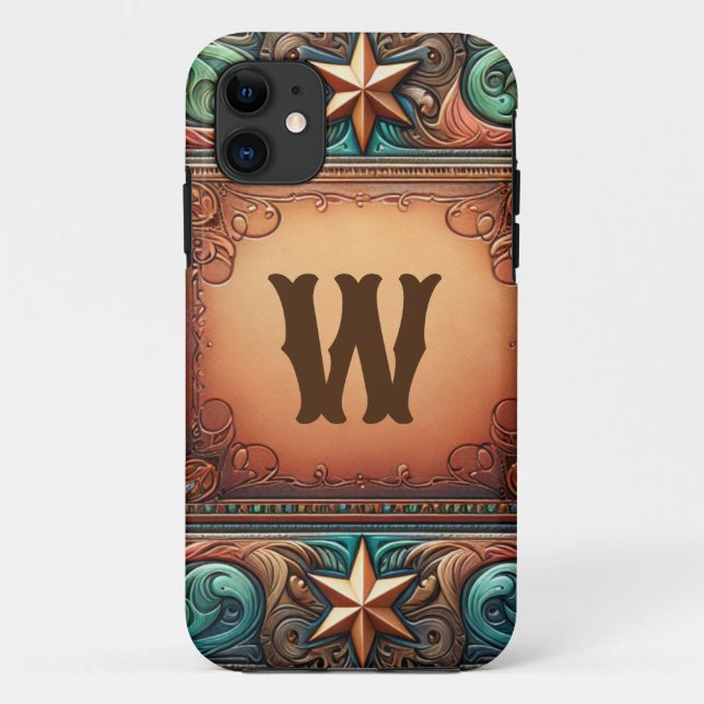 Imitate Tooled Leather Türkis Brown Custom Initial Case-Mate iPhone Hülle (Rückseite)