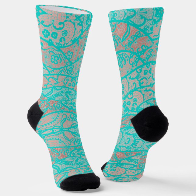Imitate Türkise Lace Fishnet Blume Socken (Gewinkelt)