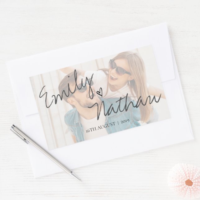Imitate Vellum Effect Foto Hochzeit Niedlich Rechteckiger Aufkleber (Umschlag)