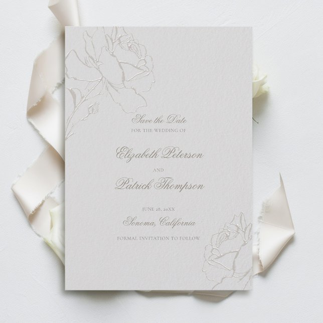 Imitate verkörperte Rose Elfenbeinküche Save The Date (formal traditional wedding save the date faux embossed roses floral elegant modern classic ivory )