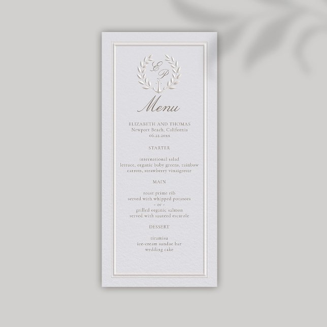 Imitate verkörperten die Eisacker Elfenbeinfeierli Menükarte (nautical wedding menu modern classic formal traditional faux embossed anchor crest monograms)