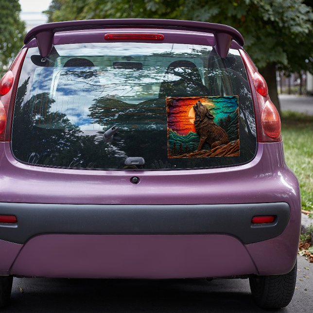 Imitate Wood Carving Wolf Howling Mountain Forest Fensteraufkleber (Von Creator hochgeladen)