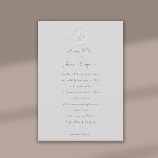 Imitats beschneidet Seashell Formal Classic Hochze Einladung (formal traditional wedding invitation nautical seashell beach ocean sea lake yacht faux embossed)