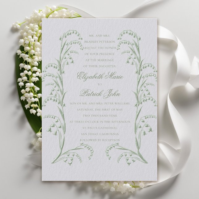 Imitats besetzt Lily Valley Elfenbeingrüne Hochzei Einladung (formal wedding invitation classic traditional faux embossed lily of the valley frame ivory green)