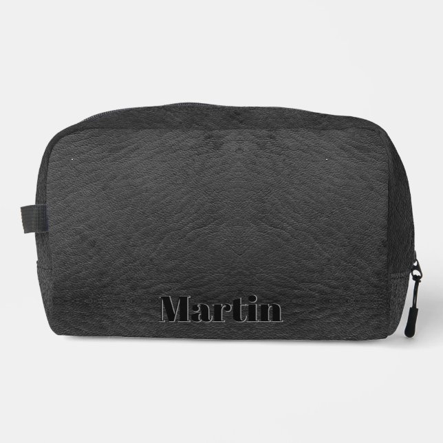 Imitats Black Leather Dopp Kit mit einprägtem Text Waschbeutel (Vorderseite)