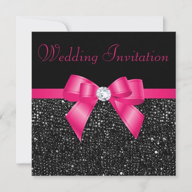 Imitats Black Sequins Hot Pink Bow Wedding Einladung (Vorderseite)
