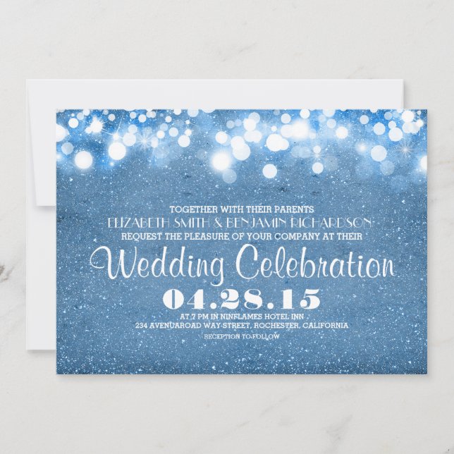Imitats Blue Glitzer Saitenlichter Hochzeitseinlad Einladung (Vorderseite)