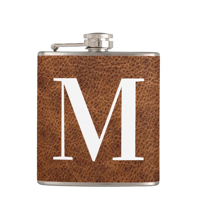 Imitats Brown Leather Modern Monogram Flachmann (Vorderseite)