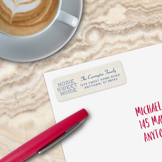 Imitats Cross-Stitch Zuhause Sweet Zuhause Blue Re (Rustic and Charming Faux Cross-Stitch Home Sweet Home Blue Return Address Label
)