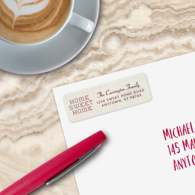 Imitats Cross-Stitch Zuhause Sweet Zuhause Burgund (Rustic and Charming Faux Cross-Stitch Home Sweet Home Burgundy Return Address Label
)