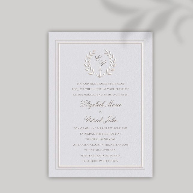 Imitats Embossed Anchor Wreath Classic feierliche  Einladung (nautical wedding invitation modern classic formal traditional faux embossed anchor crest monograms)