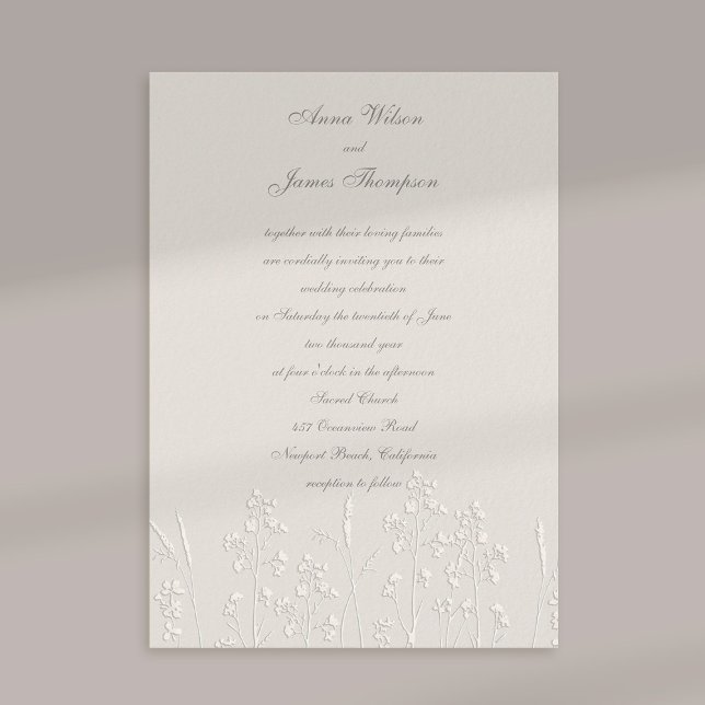 Imitats Embossed Wildblumen Ecru Classic Wedding Einladung (formal traditional wedding invitation faux embossed wildflowers art sketch ecru calligraphy)