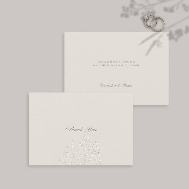 Imitats Embossed Wildblumen Ecru feierliche Hochze Dankeskarte (Formal Wedding Thank You Card Faux Embossed Wildflowers Calligraphy Modern Classic Ecru Couple Note)