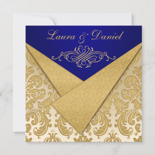 IMITATS FLAPS Blue, Gold Damask Anniversary Einlad Einladung (Vorderseite)