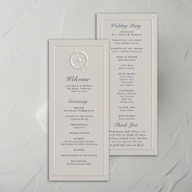 Imitats für Küstenschifffahrt mit Hochzeitsprogram (coastal nautical wedding program faux embossed boat helm double frame modern classic navy ivory)