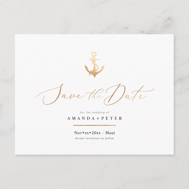 Imitats Gold Anker, Nautik Save the Date Postkarte (Vorderseite)