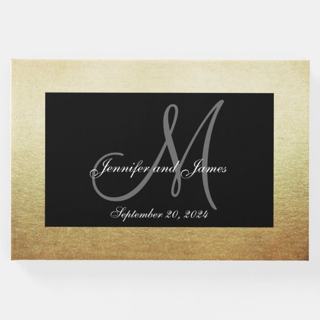 Imitats Gold Black Elegant Monogram Foto Hochzeit Gästebuch (Vorderseite)