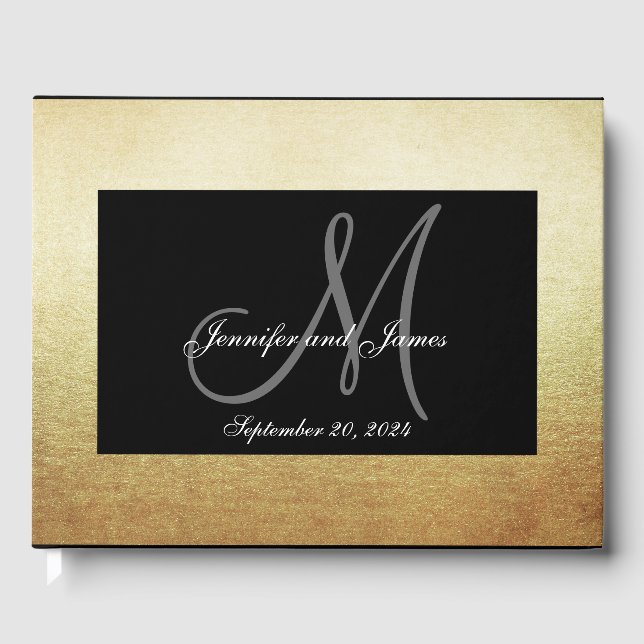 Imitats Gold Black Elegant Monogram Foto Hochzeit Gästebuch (Vorderseite)