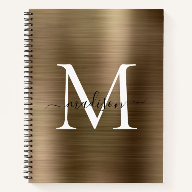 Imitats Gold Black Monogram Script gebürstete Meta Notizbuch (Vorderseite)