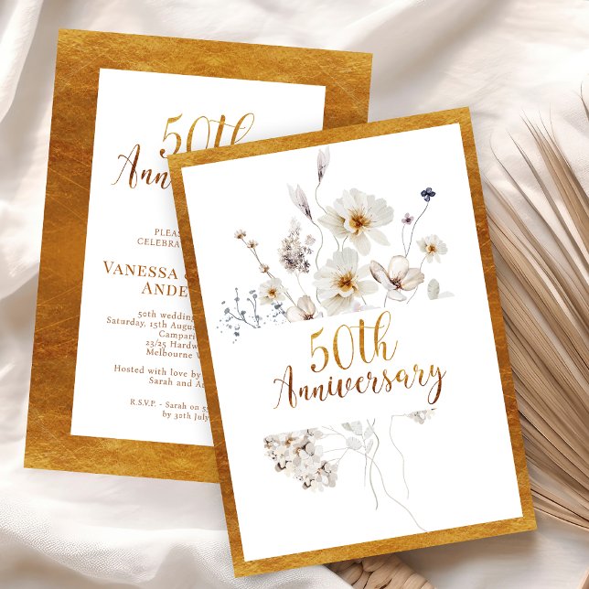 Imitats Gold Calligraphy Floral 50 Jahre Jubiläum Einladung (Golden 50th Anniversary Invitation Faux Gold Calligraphy, Floral 50th Anniversary Invitation,  )