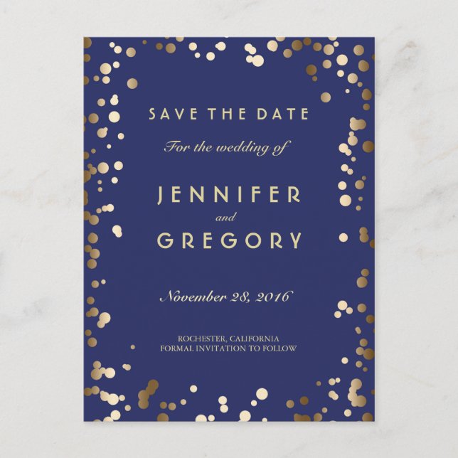 Imitats Gold Confetti Navy Save the Date Postkarte (Vorderseite)