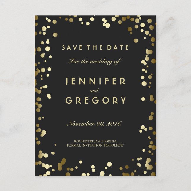 Imitats Gold Confetti Schwarz Save the Date Postka Ankündigungspostkarte (Vorderseite)