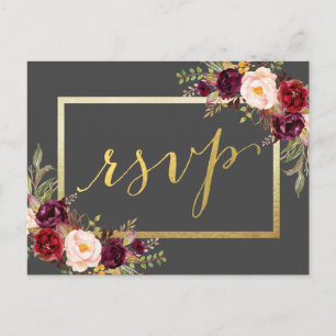 Imitats Gold Foil Burgundy Bloral Gray Wedding RSV Postkarte