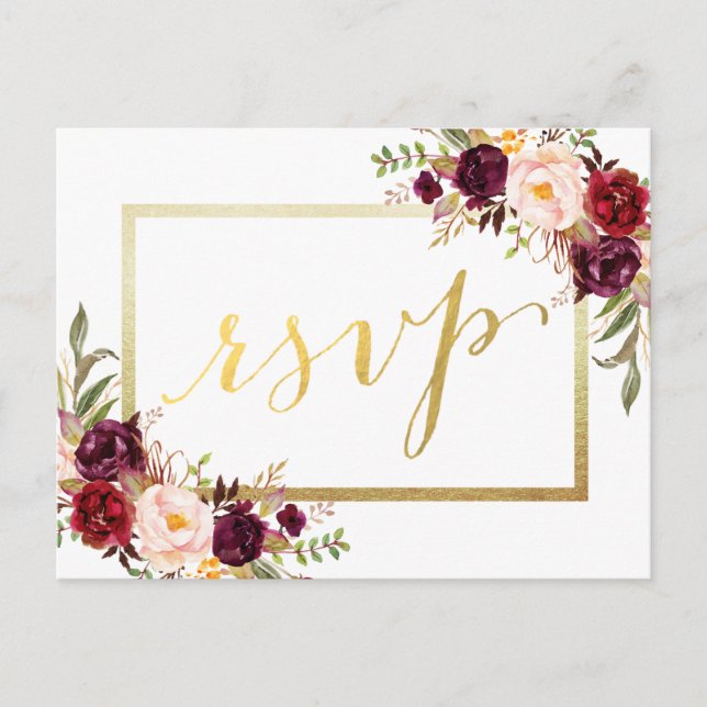Imitats Gold Foil Burgundy Floral Wedding RSVP Postkarte (Vorderseite)