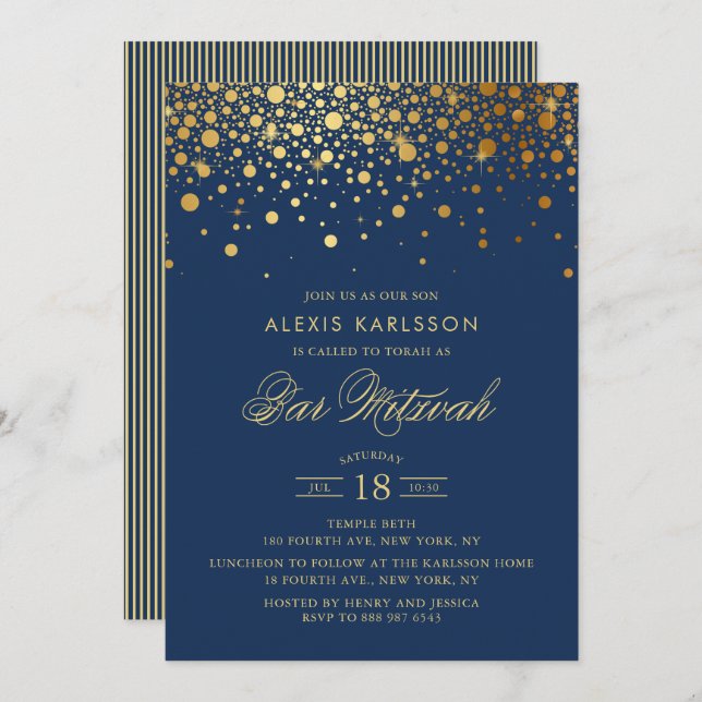 Imitats Gold Foil Confetti Navy Blue Bar Mitzvah Einladung (Vorne/Hinten)