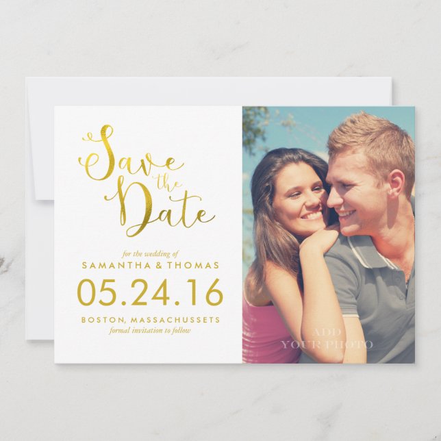 Imitats Gold Foil Elegantes Skript Save the Date (Vorderseite)