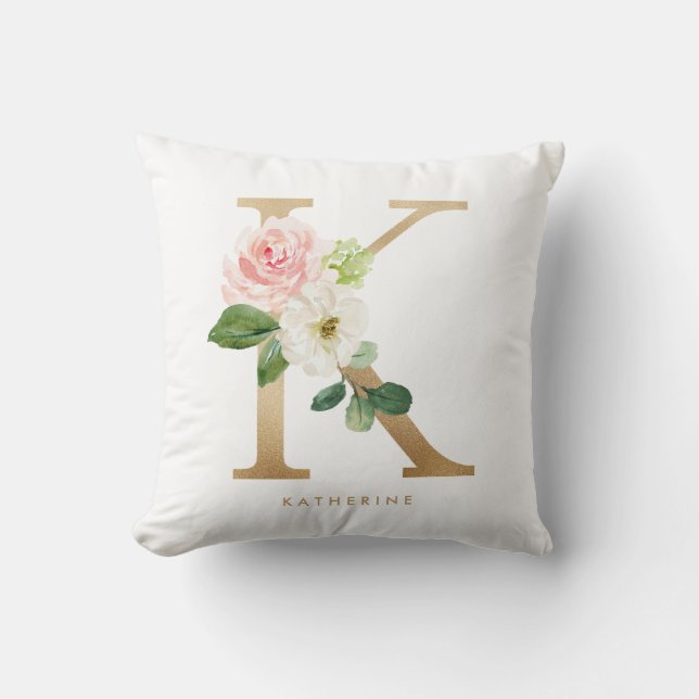 Imitats Gold Foil Floral Letter K Monogramm Kissen (Vorderseite)