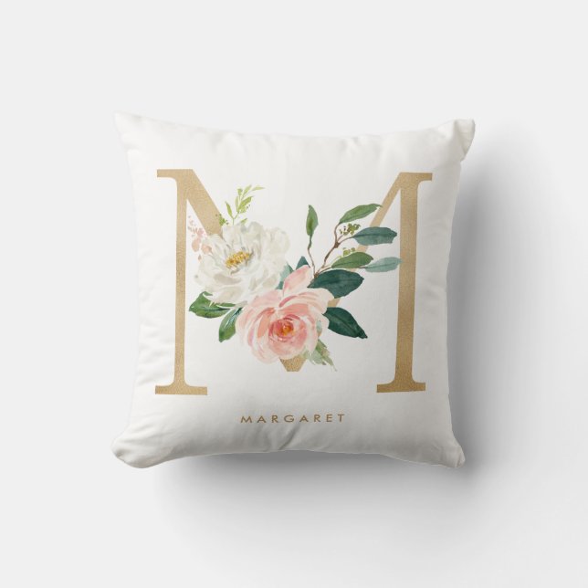Imitats Gold Foil Floral Letter M Monogram Kinderz Kissen (Vorderseite)