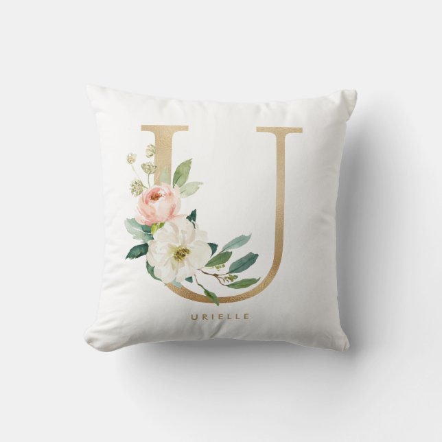 Imitats Gold Foil Floral Letter U Monogramm Kissen (Vorderseite)