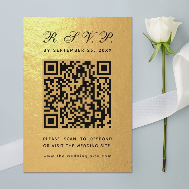 Imitats Gold Foil QR Code Black Script Luxus Hochz RSVP Karte (Von Creator hochgeladen)