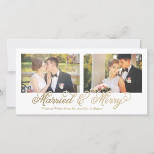 Imitats Gold Foil Verheiratet & Merry 2-Foto Feiertagskarte