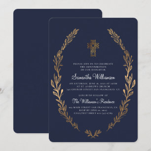 Imitats Gold Foliage Blue Confirmation Einladung