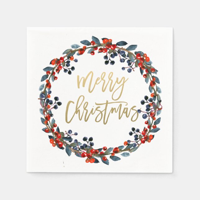 Imitats Gold Frohe Weihnachten Berries Feiertag Pa Serviette (Vorderseite)