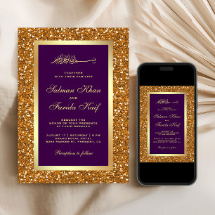 Imitats Gold Glitzer Lila Islamische Hochzeit Einladung