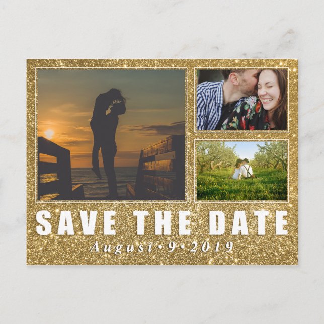 Imitats Gold Glitzer Save the Date 3 Foto Postkart Ankündigungspostkarte (Vorderseite)
