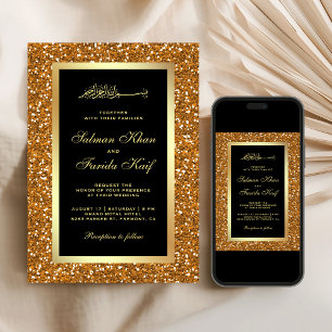 Imitats Gold Glitzer Schwarze islamische Hochzeit Einladung