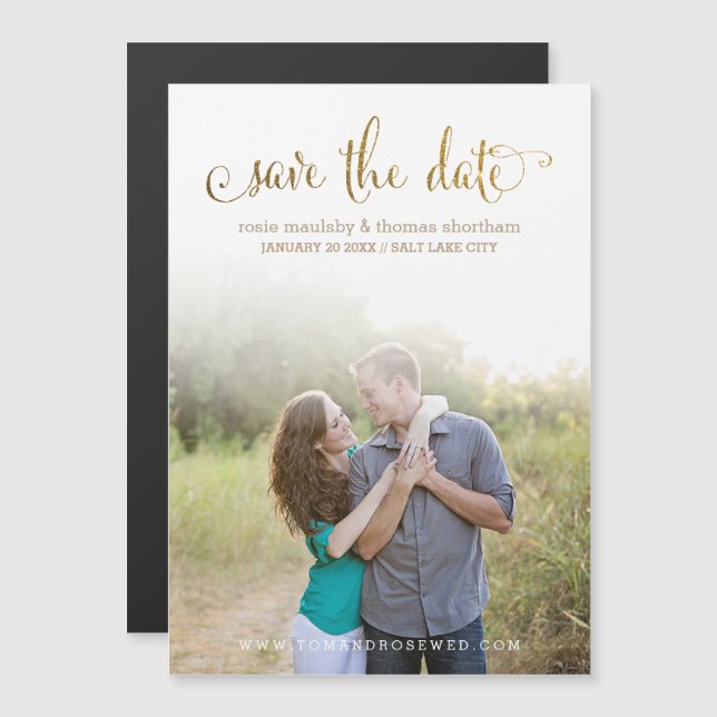 Imitats Gold Glitzer Script Save the Date Magneteinladung (Vorne/Hinten)
