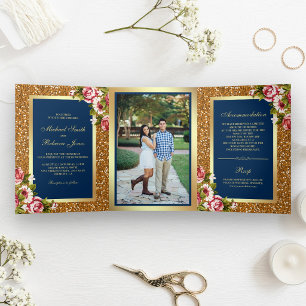 Imitats Gold Glitzer Sparkle Blues Navy Blue Weddi Dreifach Gefaltete Einladung