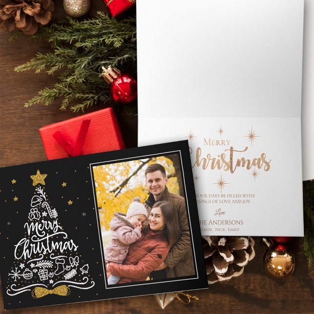 Imitats Gold Glitzer Star Typografie Weihnachtsfes Karte (Faux Gold Glitter Star Typography Christmas Photo Card)