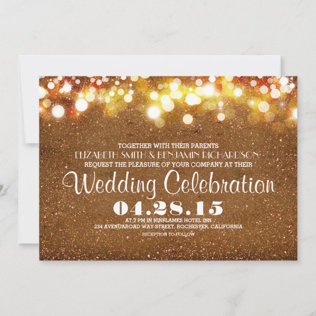 Imitats Gold Glitzer Streichellichter Hochzeitsein Einladung (Vorderseite)