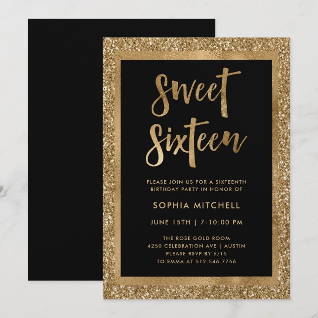 Imitats Gold Glitzer | Sweet 16 Party Einladung (Vorne/Hinten)