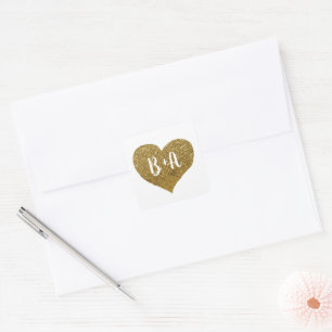 Imitats Gold Liebe Herz mit Bräu & Bräutigam Initi Quadratischer Aufkleber