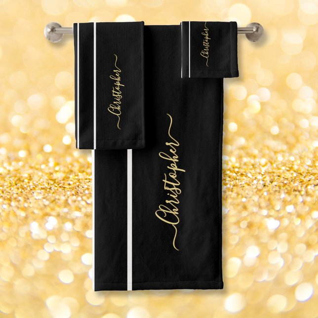 Imitats Gold Mit Monogramm Schwarz-weiße Rennstrei Badhandtuch Set (Faux Gold Monogrammed Black White Racing Stripes Bath Towel Set)